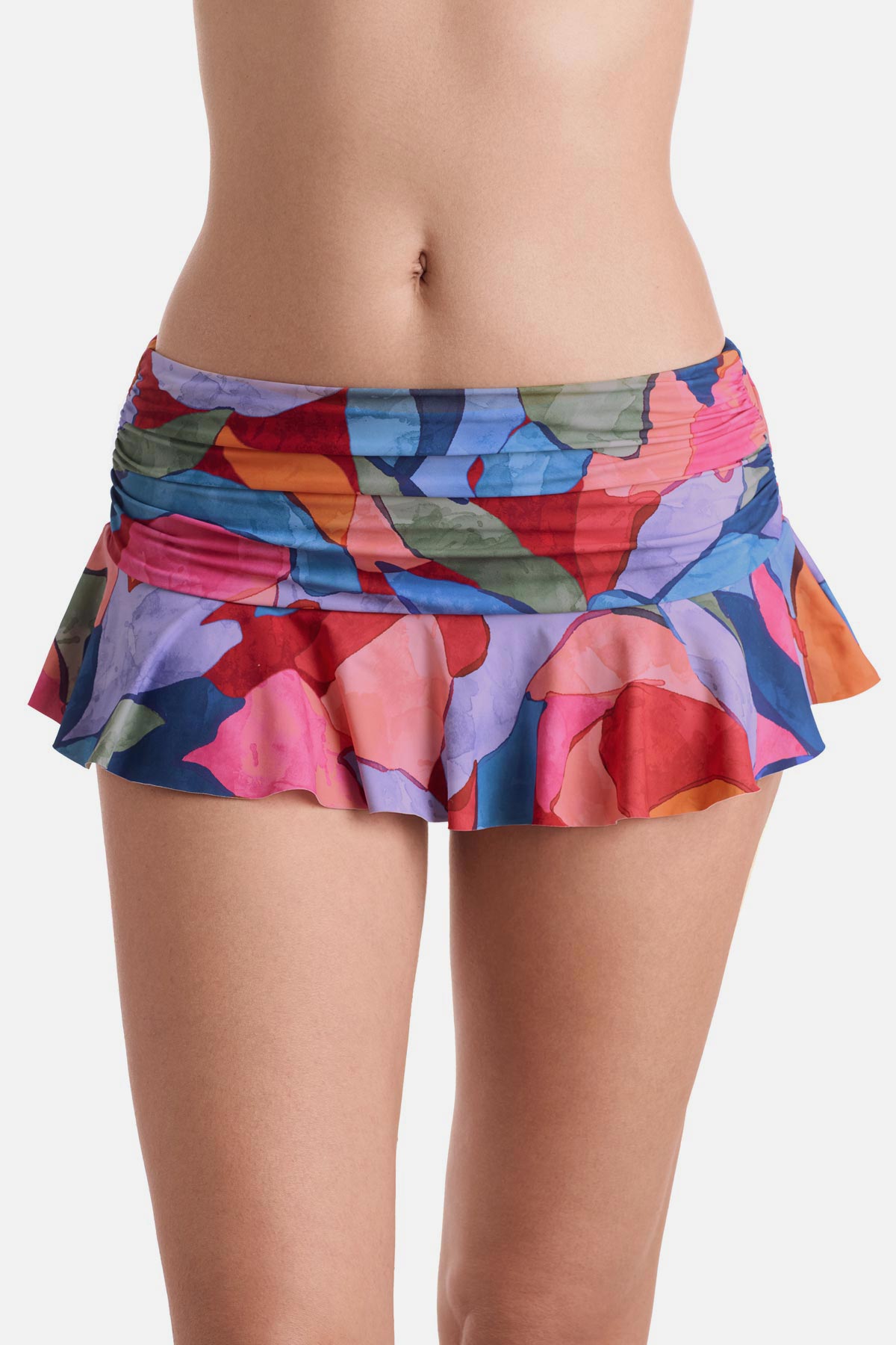 Front view of multicolored abstract skirted swim bottoms
