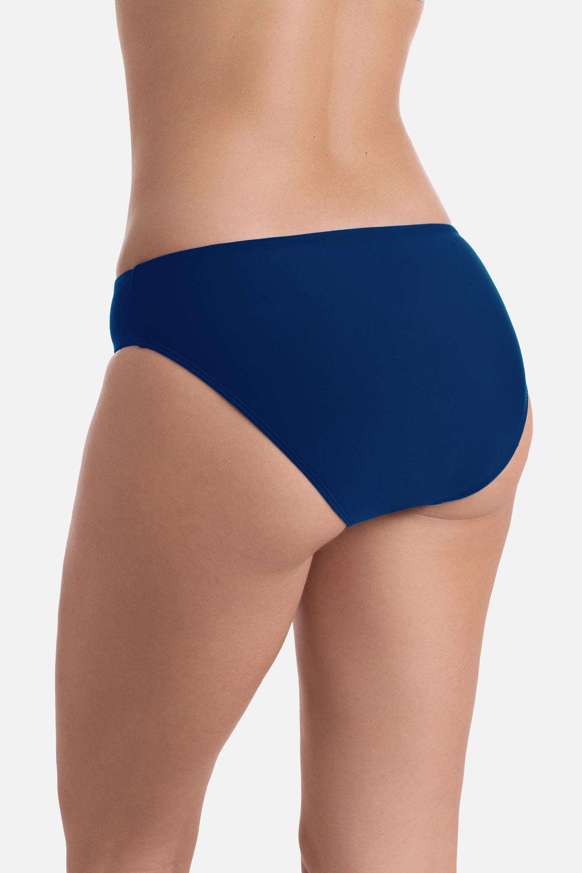 Back view of dark blue swim bottoms