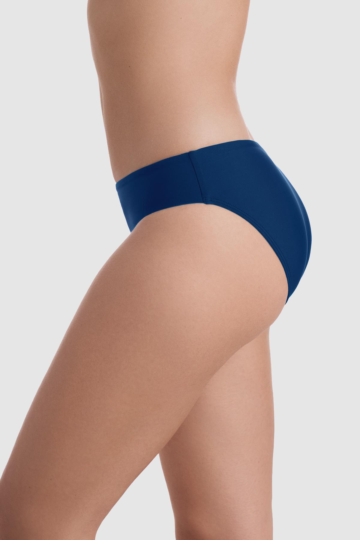 Side view of dark blue swim bottoms