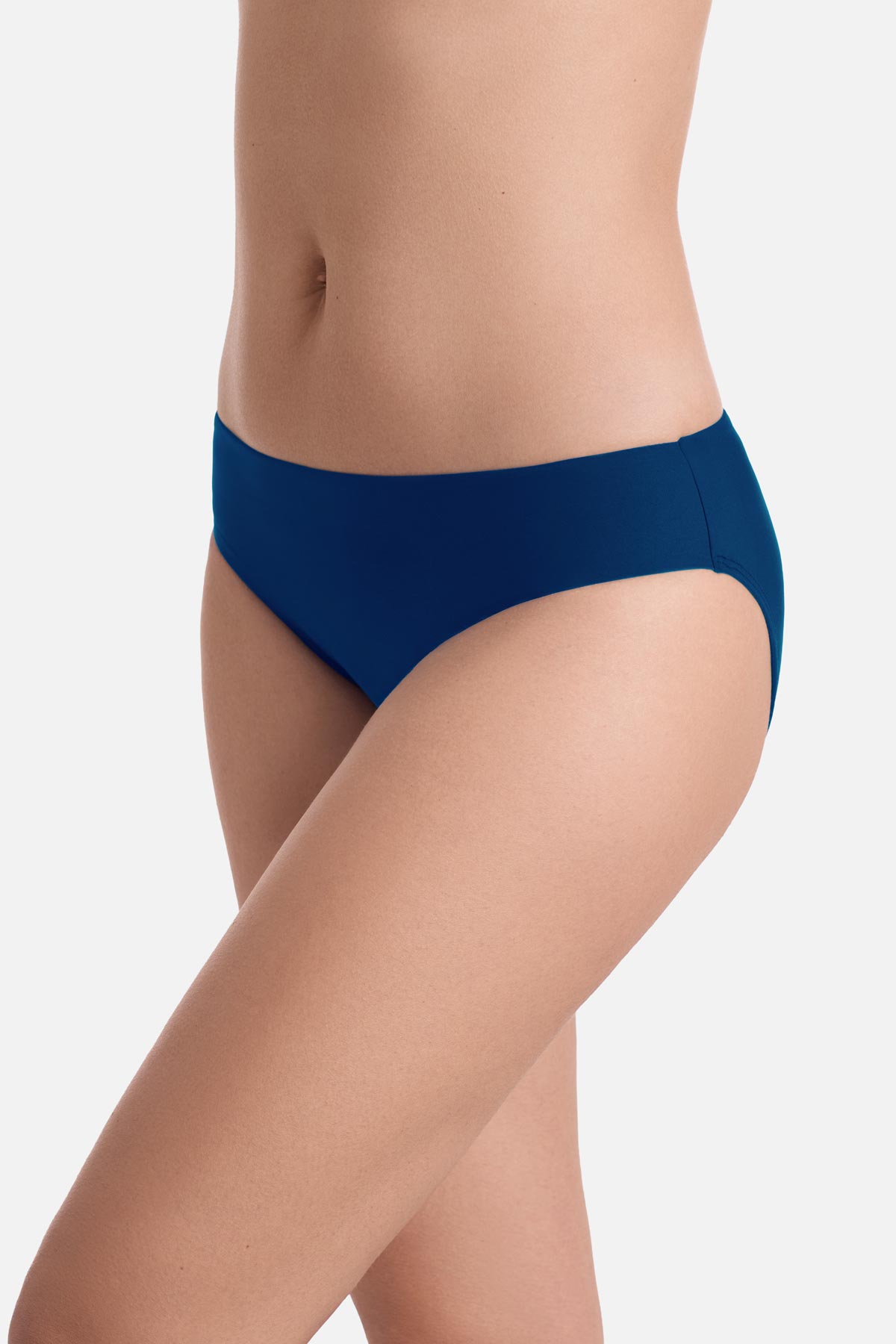Side view of dark blue swim bottoms