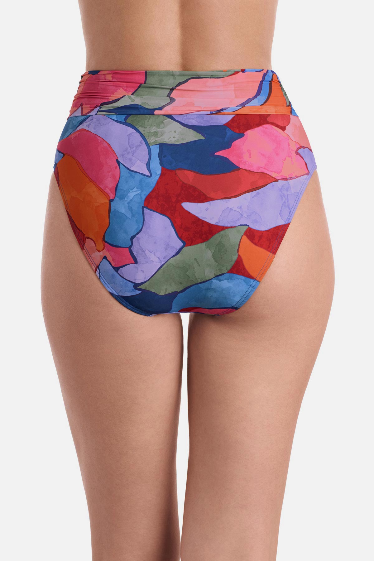 Back view of high waisted multicolored abstract printed swim bottoms