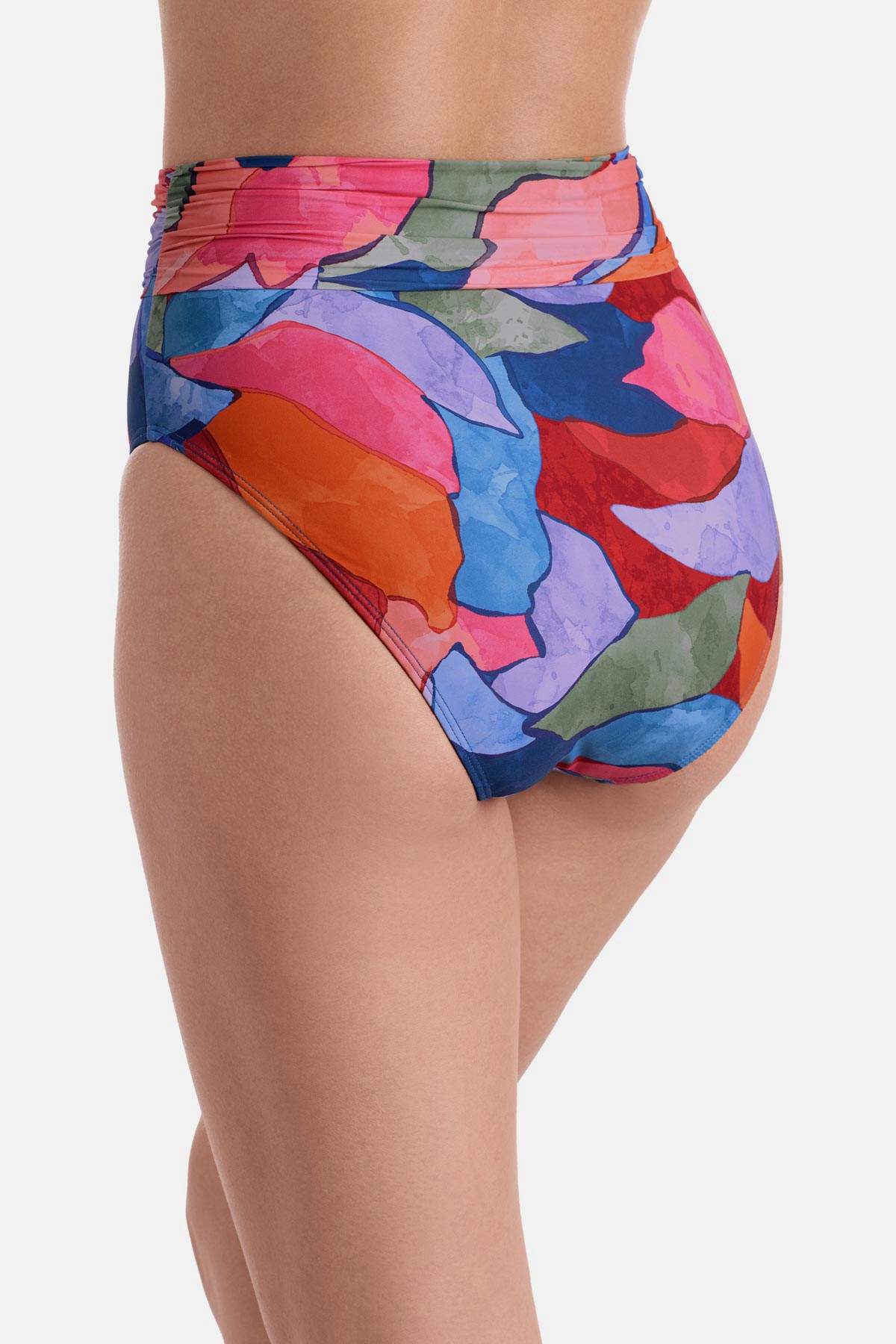 Back view of high waisted multicolored abstract printed swim bottoms