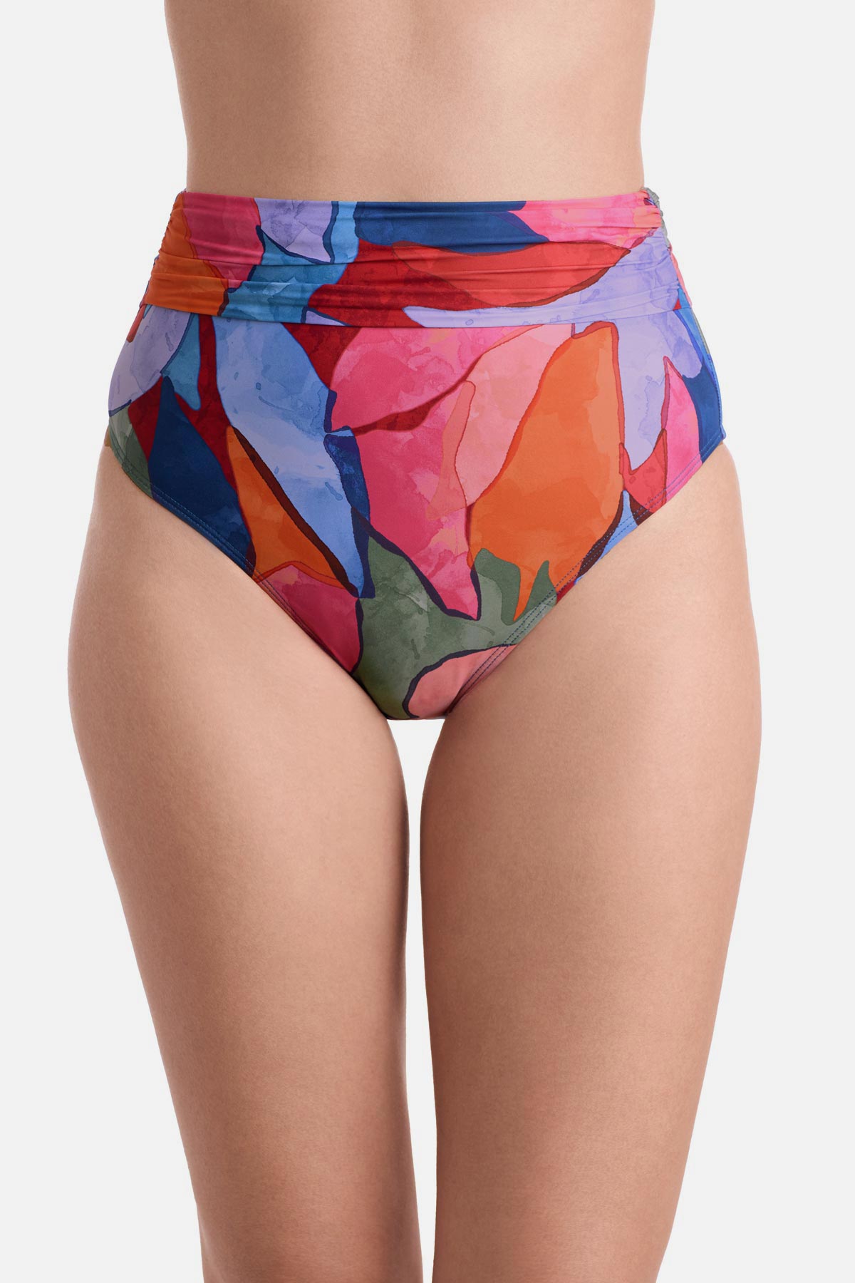 Front view of high waisted multicolored abstract printed swim bottoms