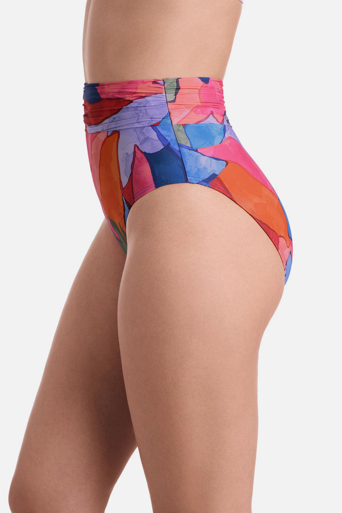 Side view of high waisted multicolored abstract printed swim bottoms