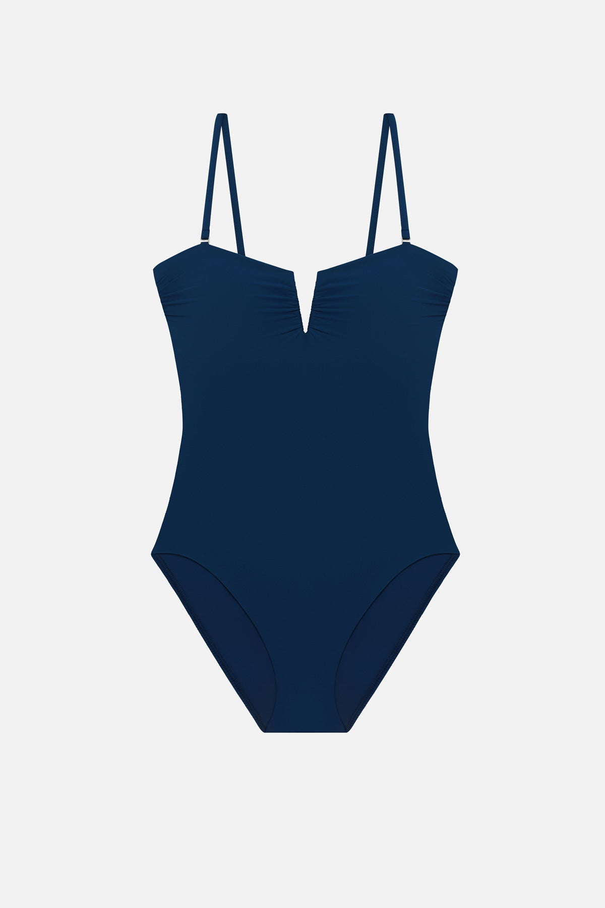 Dark blue one-piece swimsuit with a sweetheart neckline