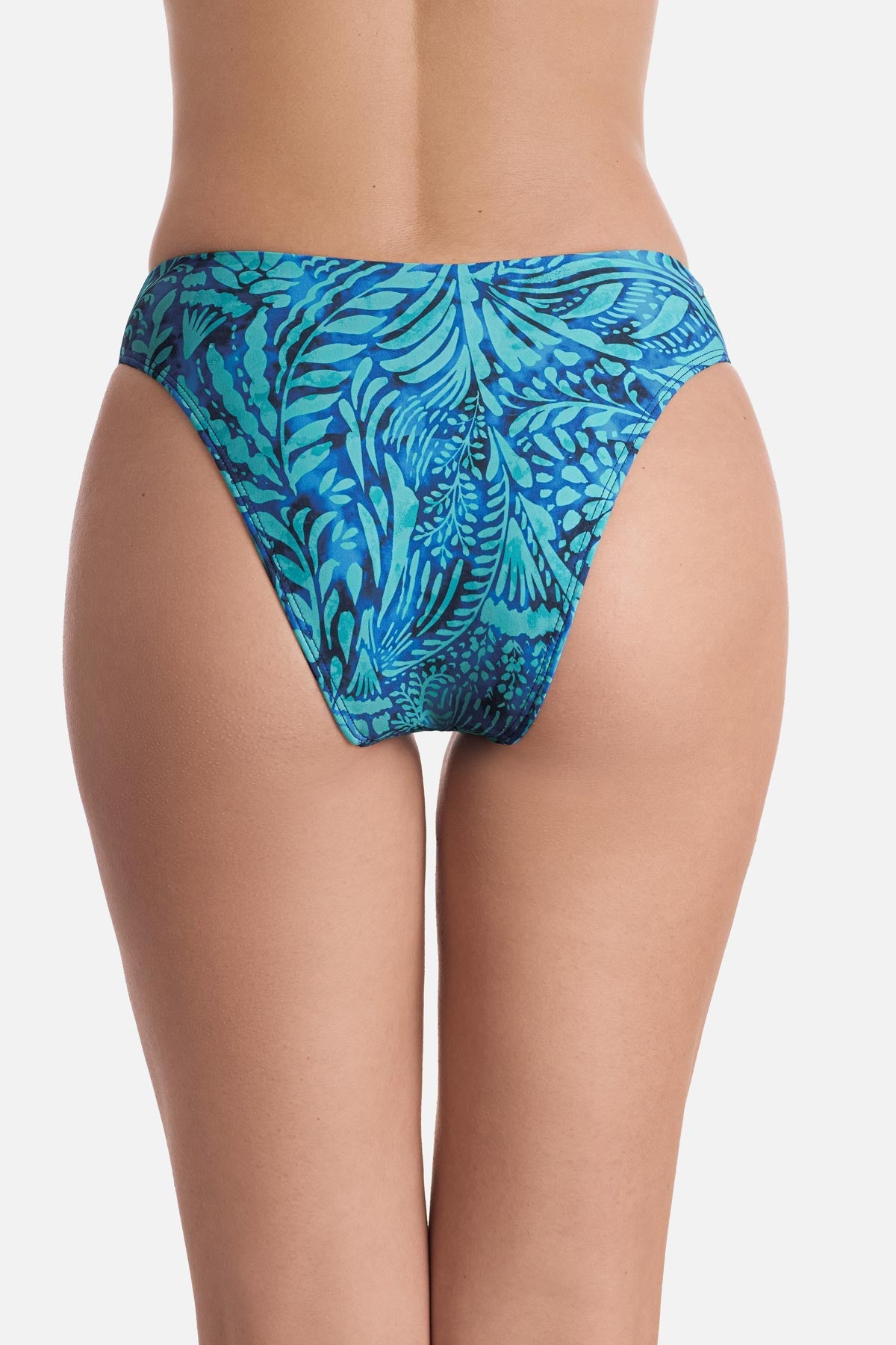 Back view of abstract blue printed swim bottoms