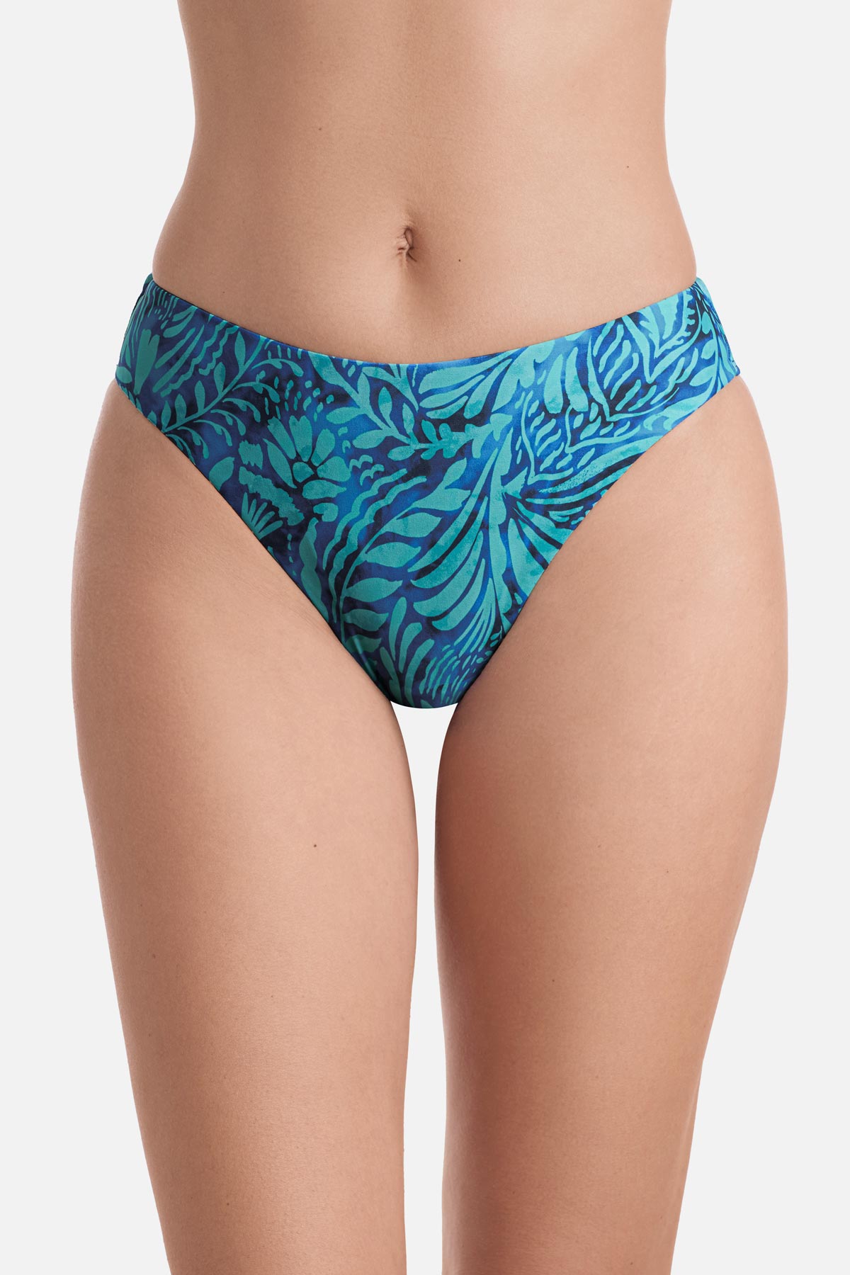 Front view of abstract blue printed swim bottoms