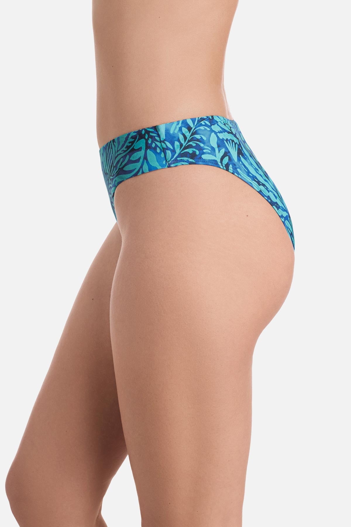 Side view of abstract blue printed swim bottoms