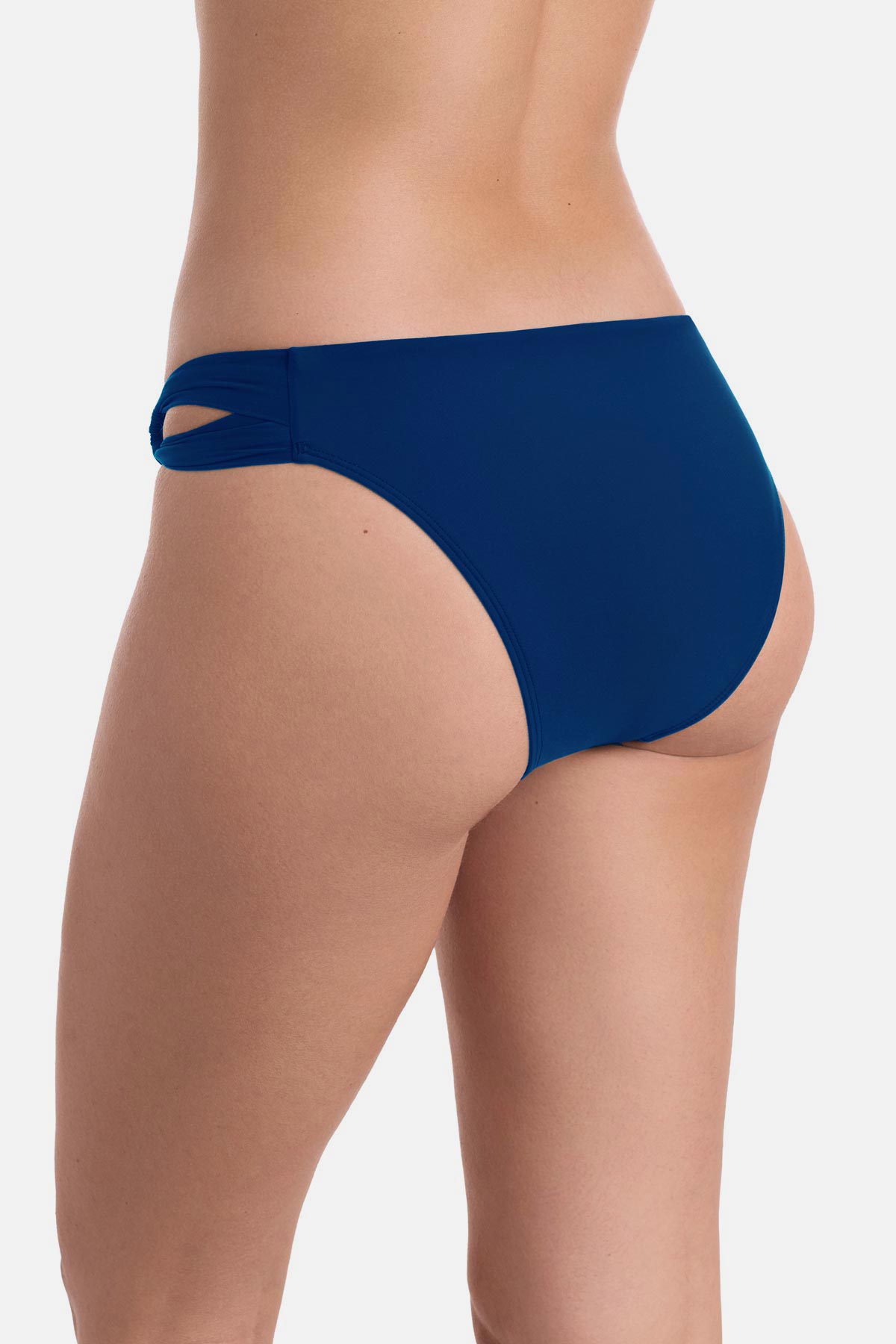 Back view of dark blue side cutout swim bottoms