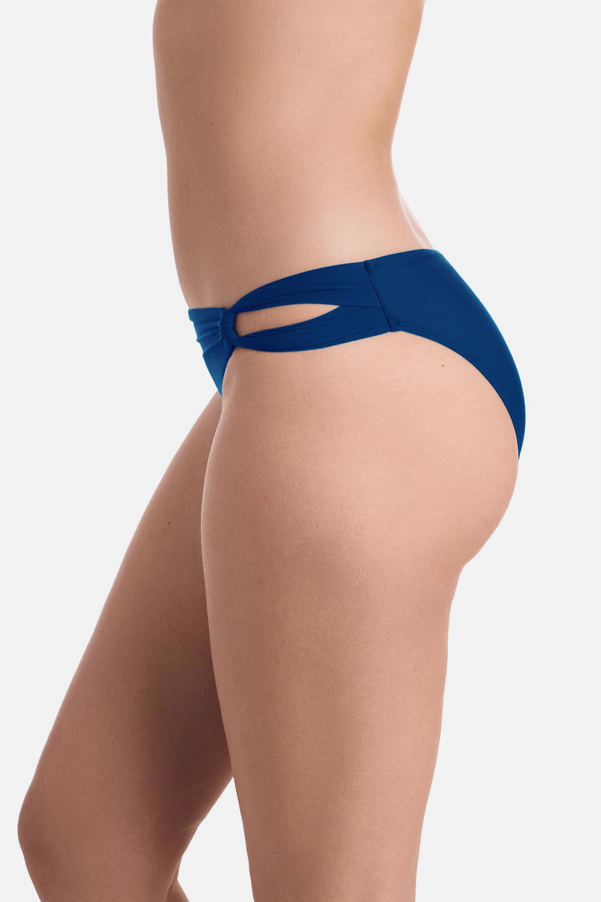 Side view of dark blue side cutout swim bottoms