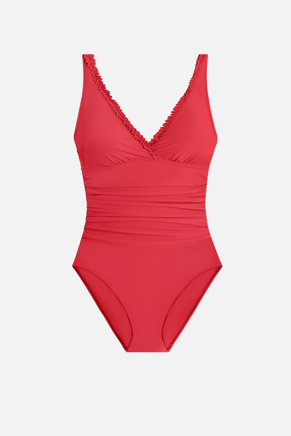 Coral-colored one-piece swimsuit with frills on the edges