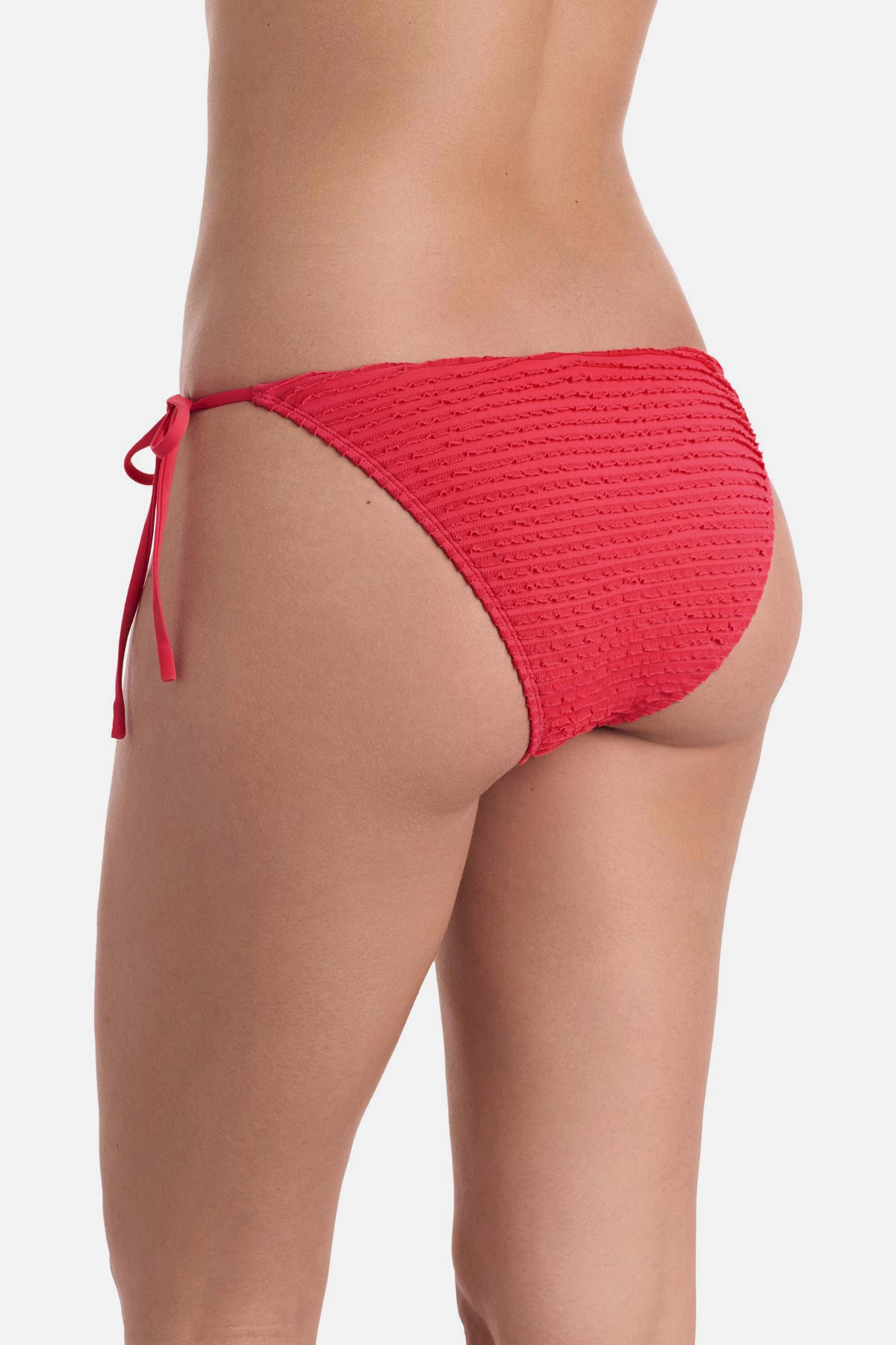 Back view of coral colored side tie swim bottoms
