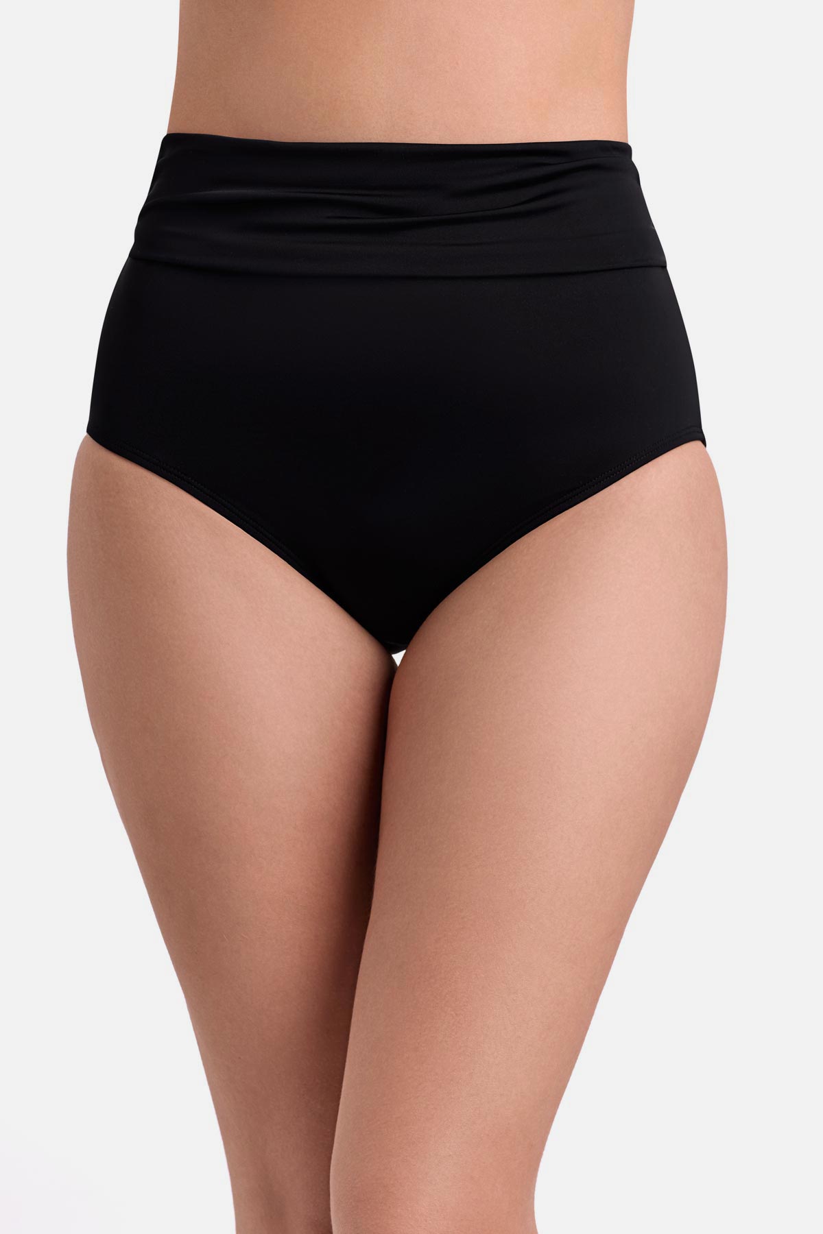 Front view of black high waisted swim bottoms