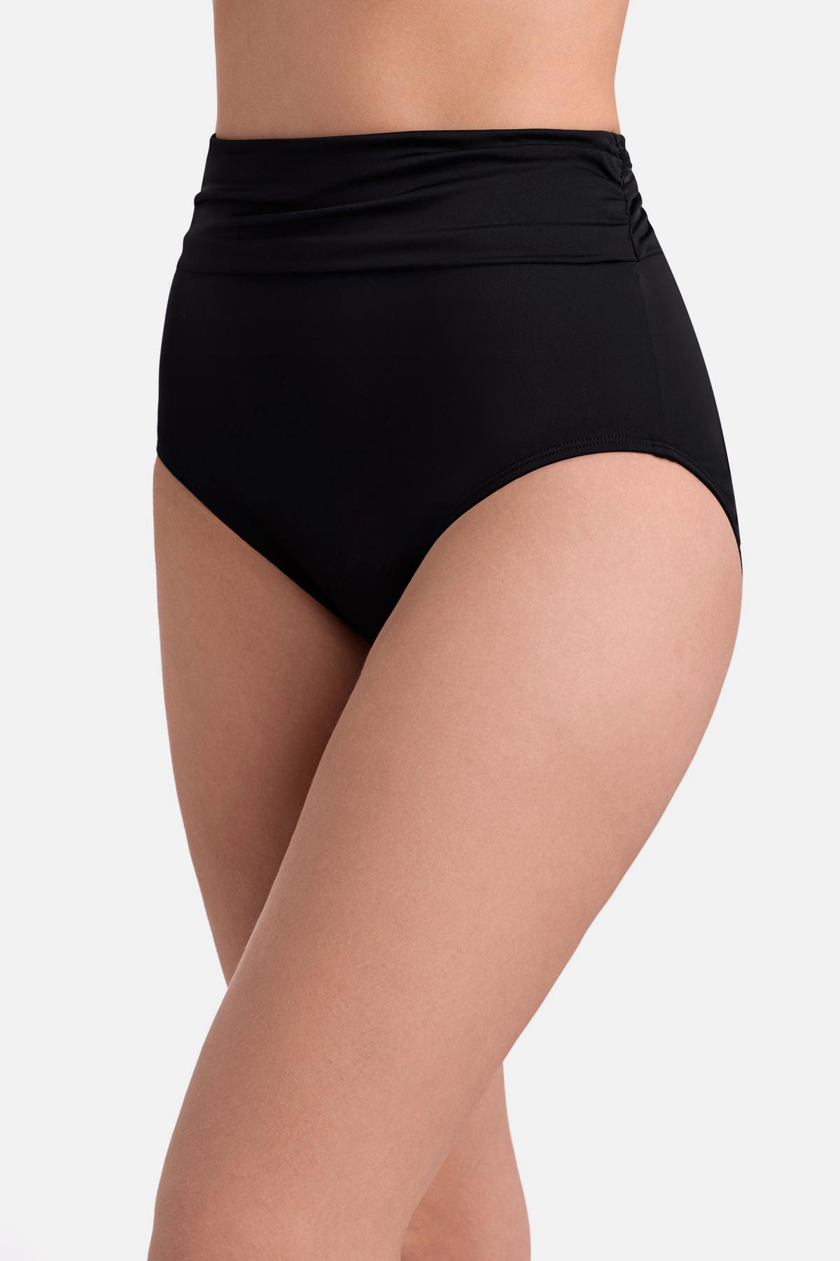 Side view of black high waisted swim bottoms