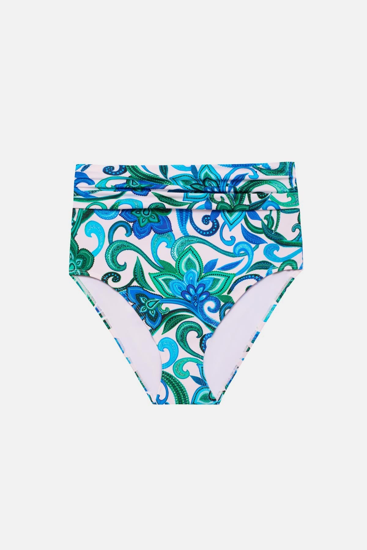 Blue and green floral printed high waisted swim bottoms