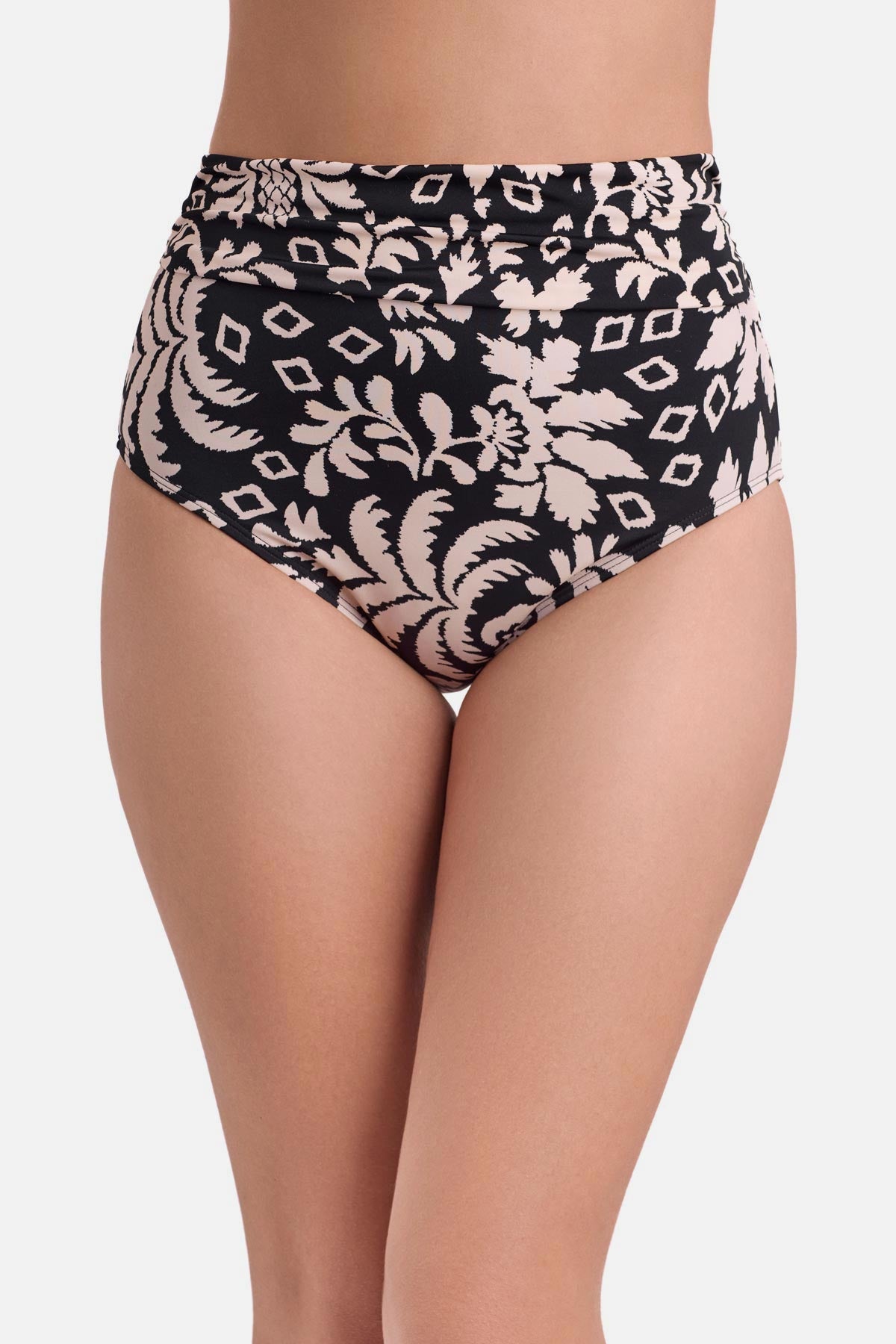 Front view of black and white palm tree printed high waisted swim bottoms