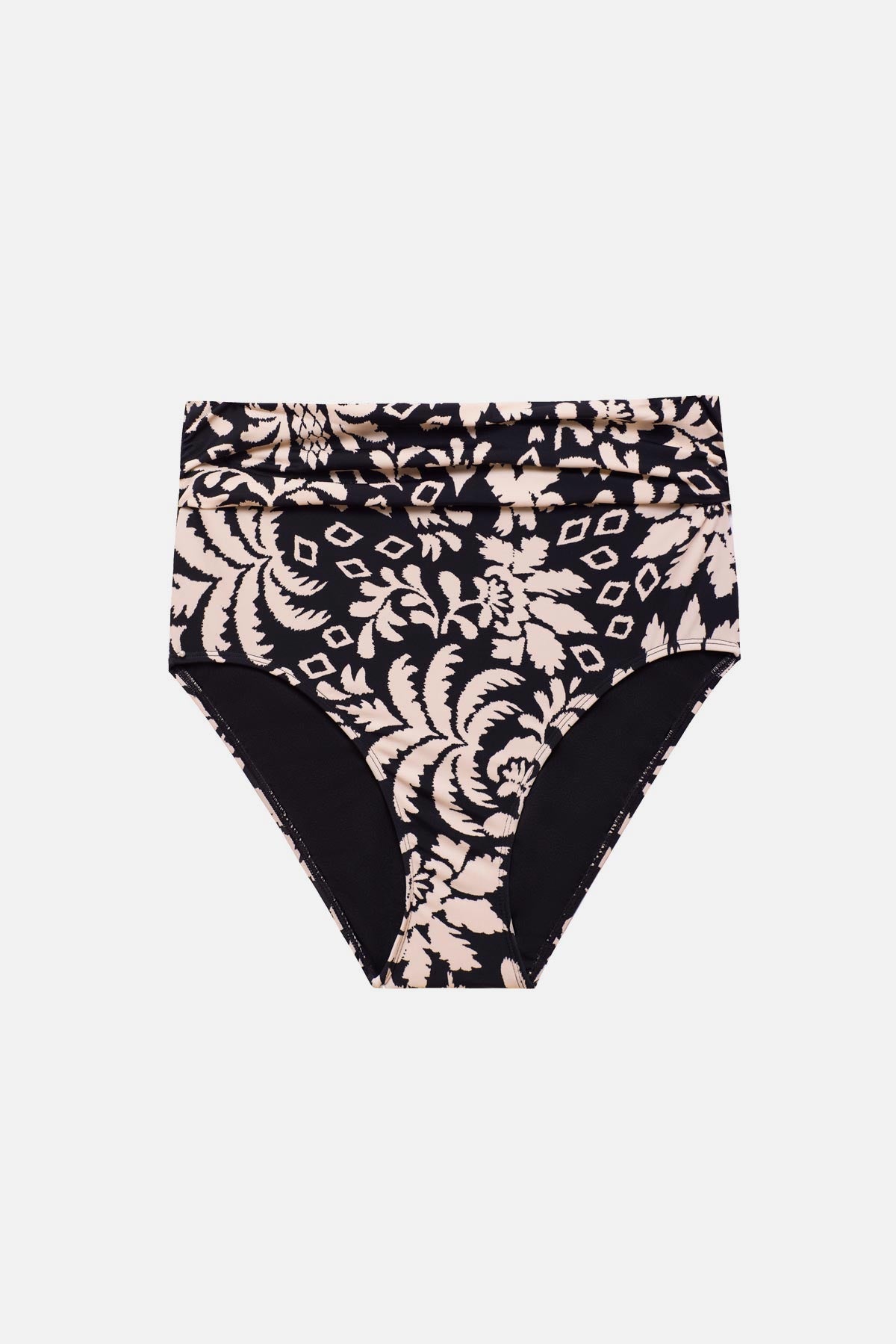 Black and white palm tree printed high waisted swim bottoms