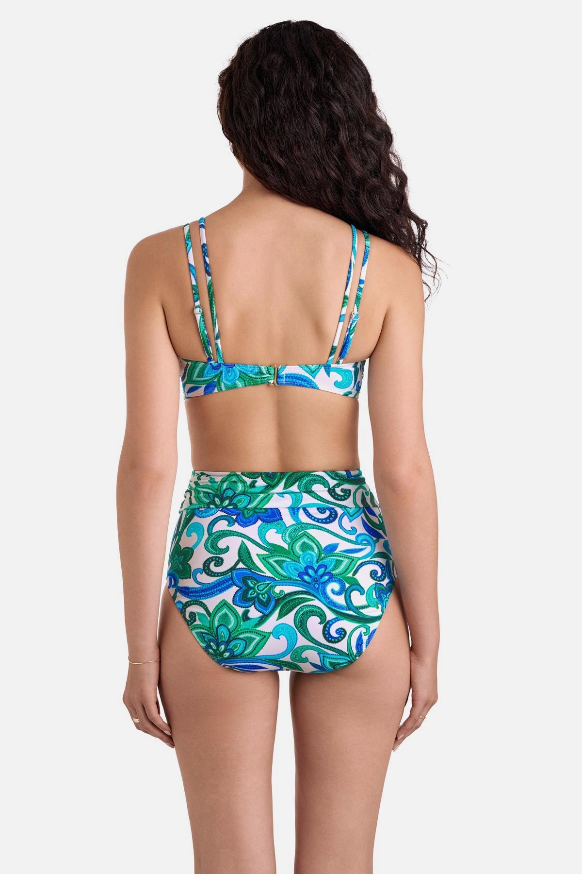 Woman turned away wearing a blue and green floral printed bikini top with matching high waisted swim bottoms