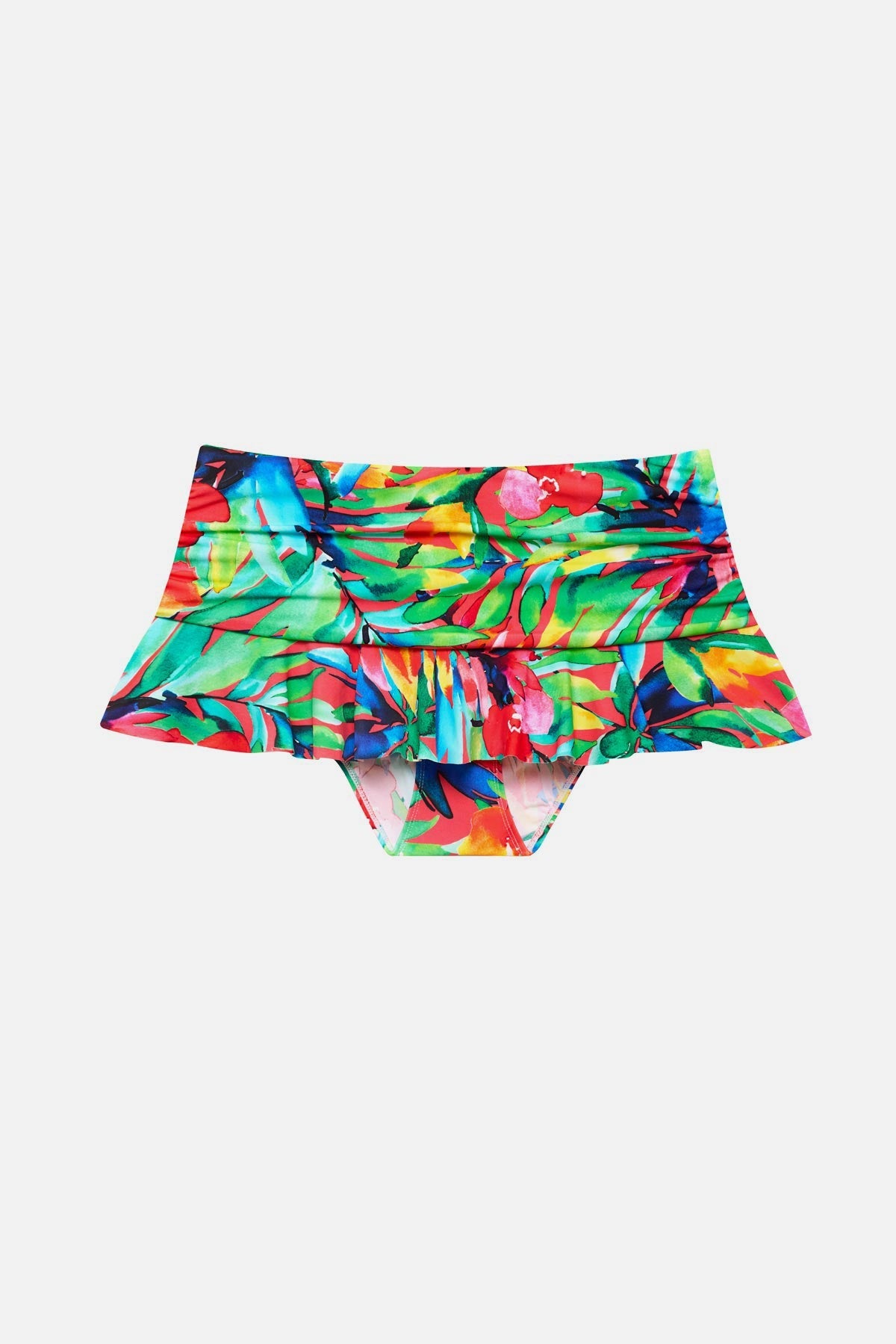 Multicolored palm leaf printed skirted swim bottoms