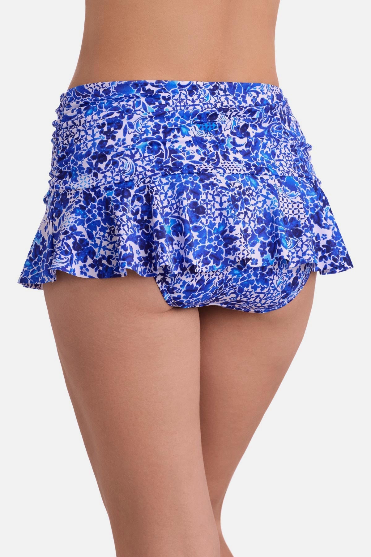 Back view of a blue and white floral printed skirted swim bottom