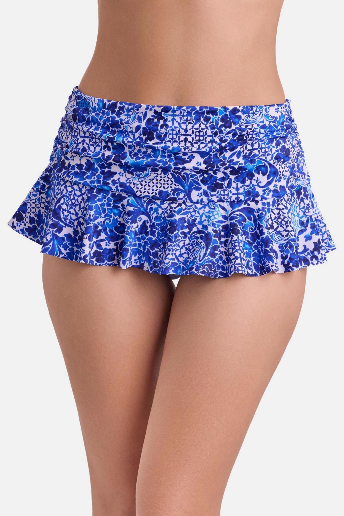 Front view of a blue and white floral printed skirted swim bottom