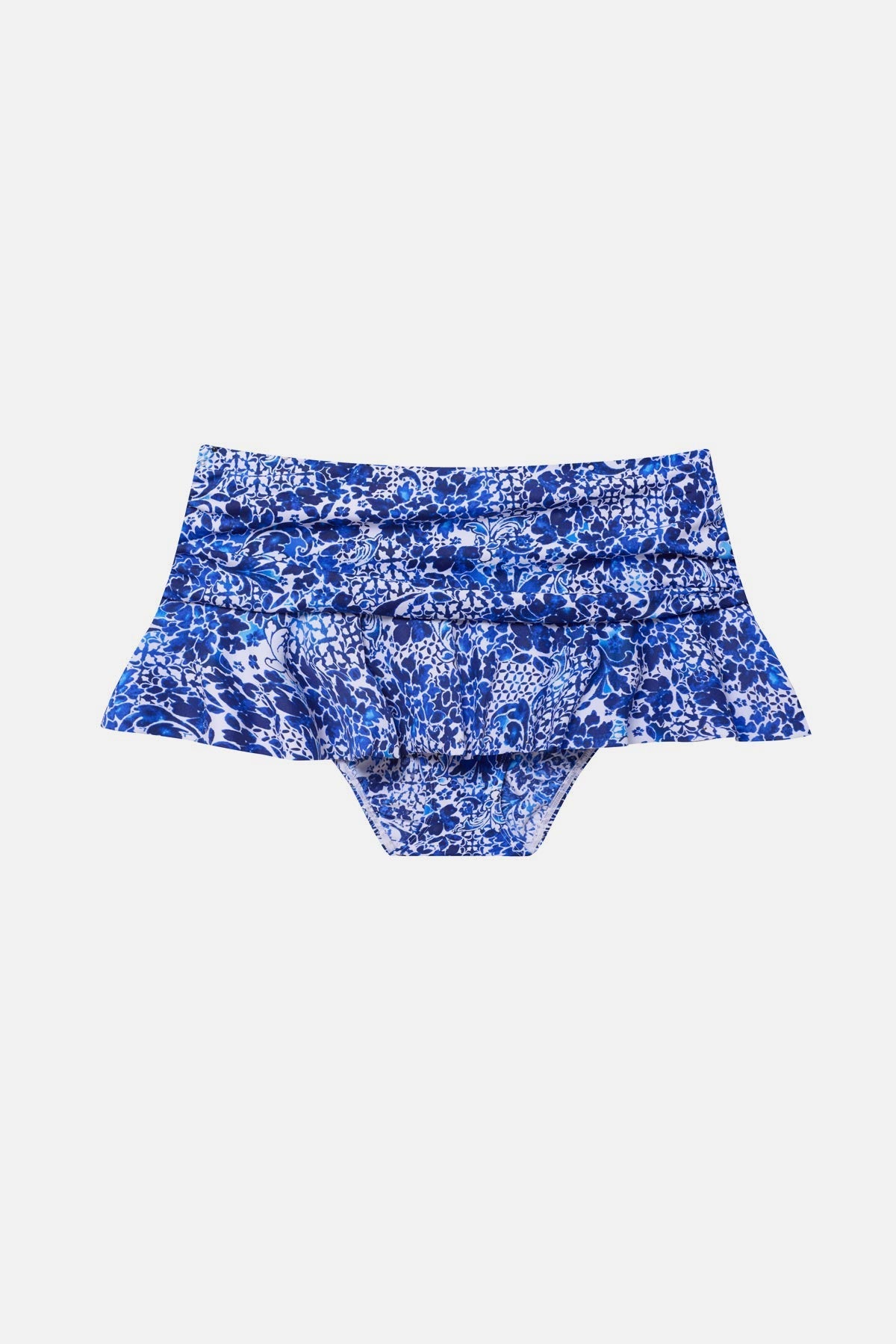 Blue and white floral printed skirted swim bottom