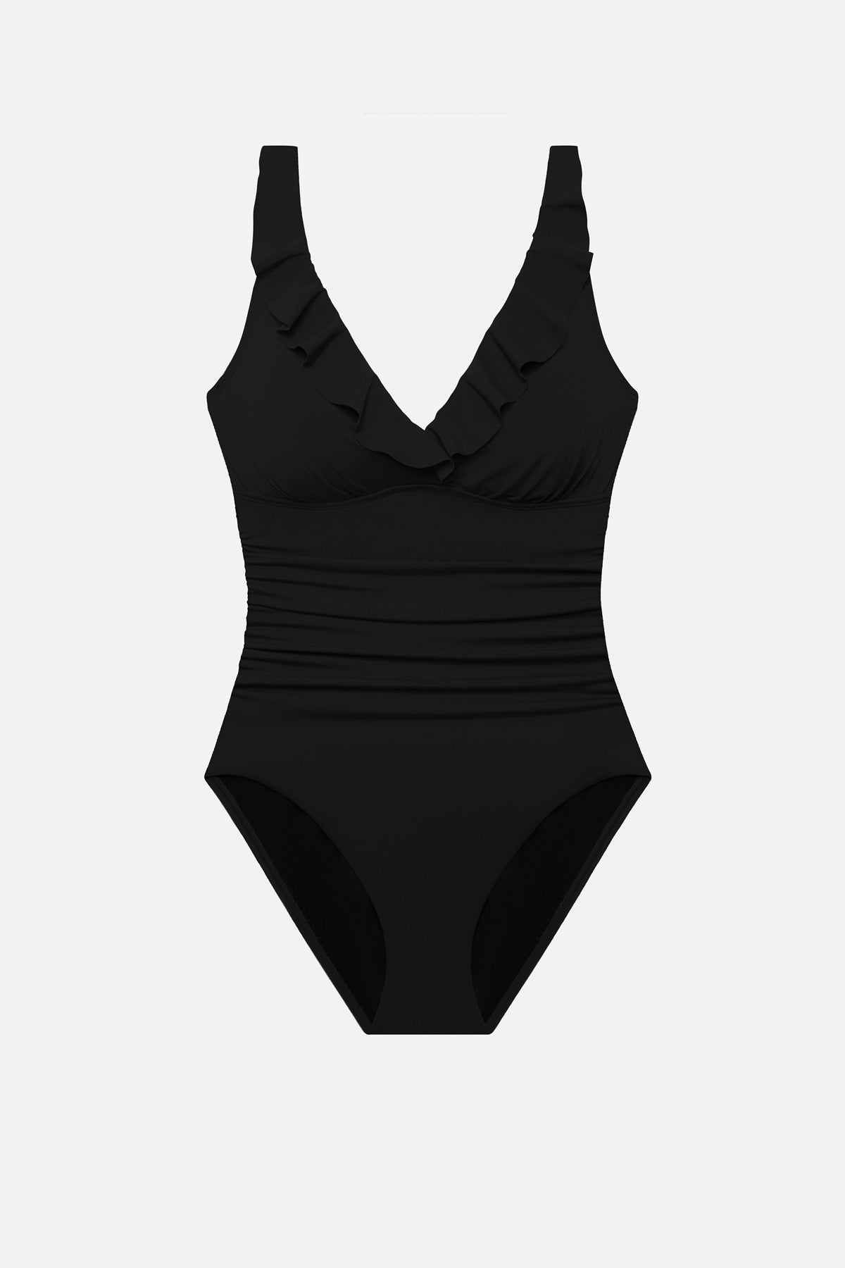 Black one-piece swimsuit with ruffles on the neckline