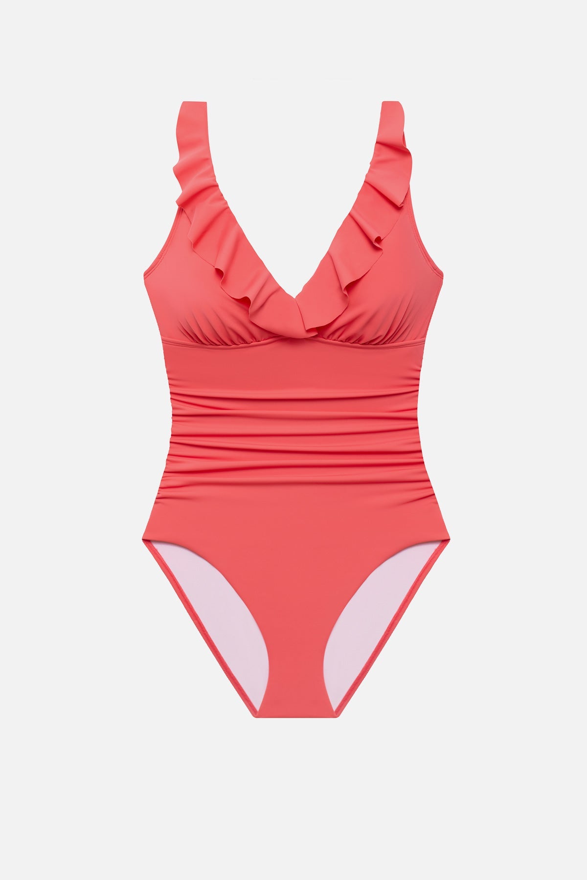 Coral pink one-piece swimsuit with ruffles on the neckline