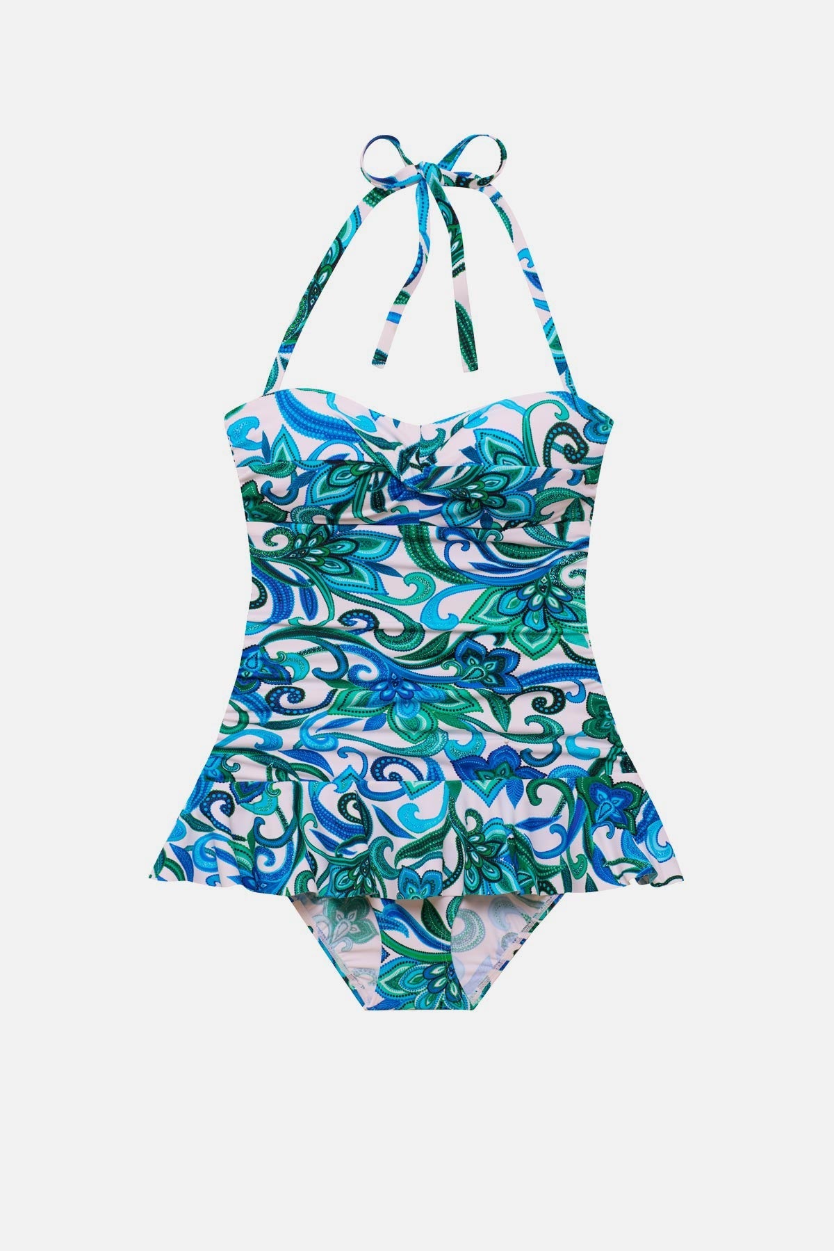 Blue and green floral printed skirted one-piece swimsuit