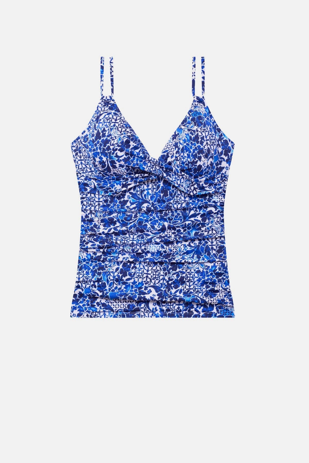 Blue and white floral printed tankini top with matching swim bottoms